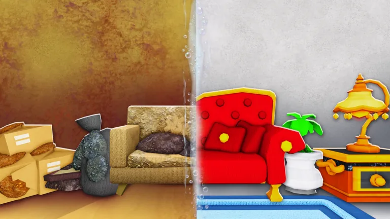 Split view of a house flip: a trash-filled room with soggy boxes transforms into a clean living room with a red sofa, lamp, and plant